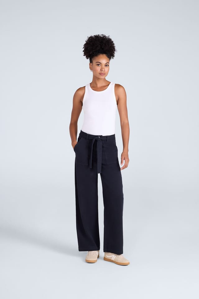 Animal Animal Women's High Waisted Adjustable Tie Belt Smart Casual Straight Leg Trouser in Navy - 2