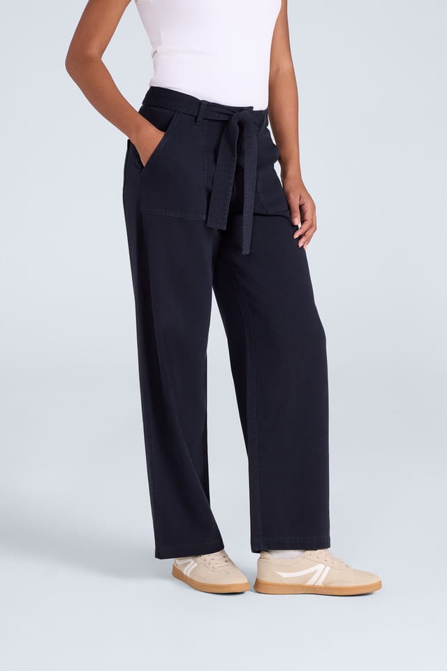 Animal Animal Women's High Waisted Adjustable Tie Belt Smart Casual Straight Leg Trouser in Navy - 3