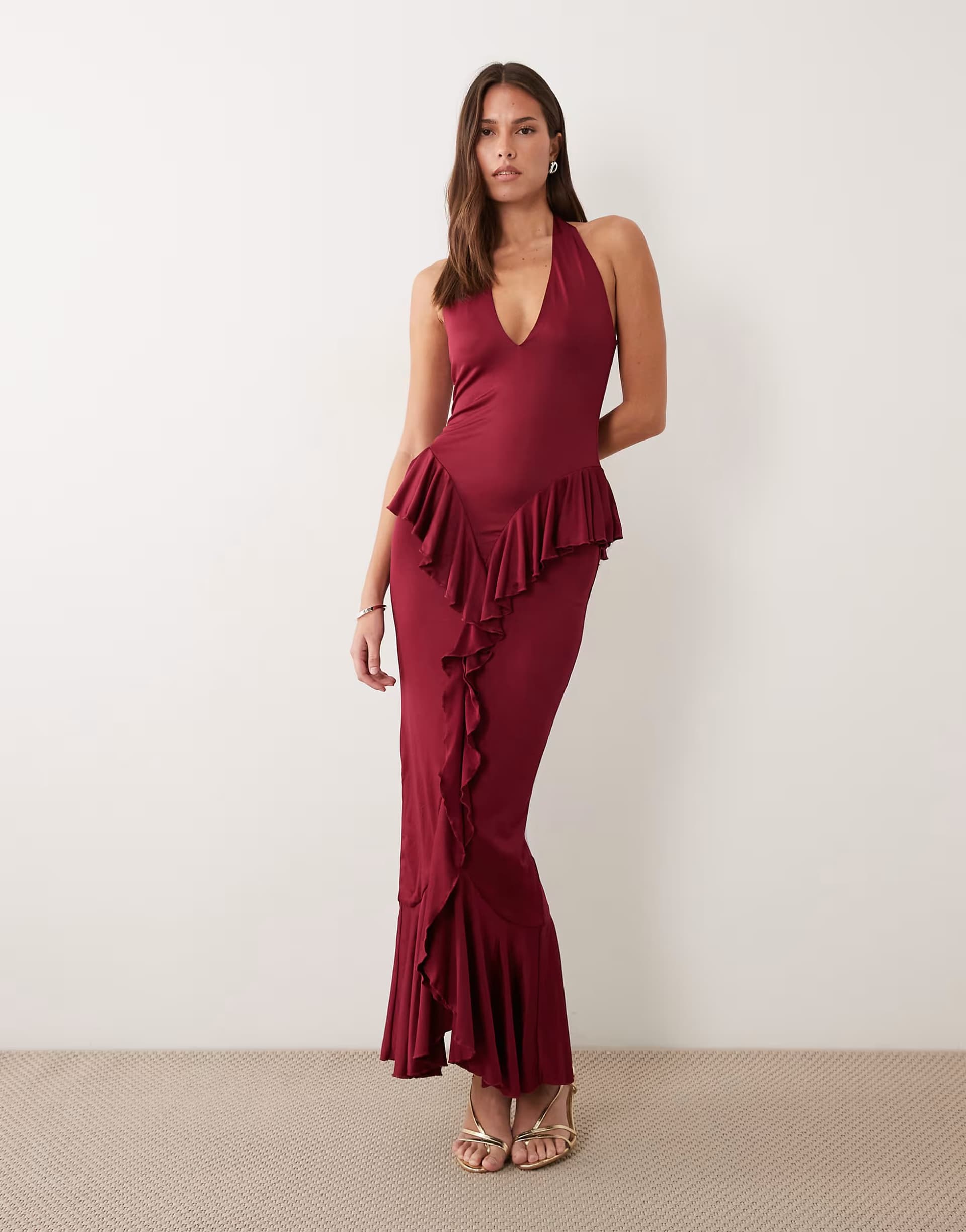 ASOS Ruched & Ready sculpting halterneck open back ruffle drape detail maxi dress in plum