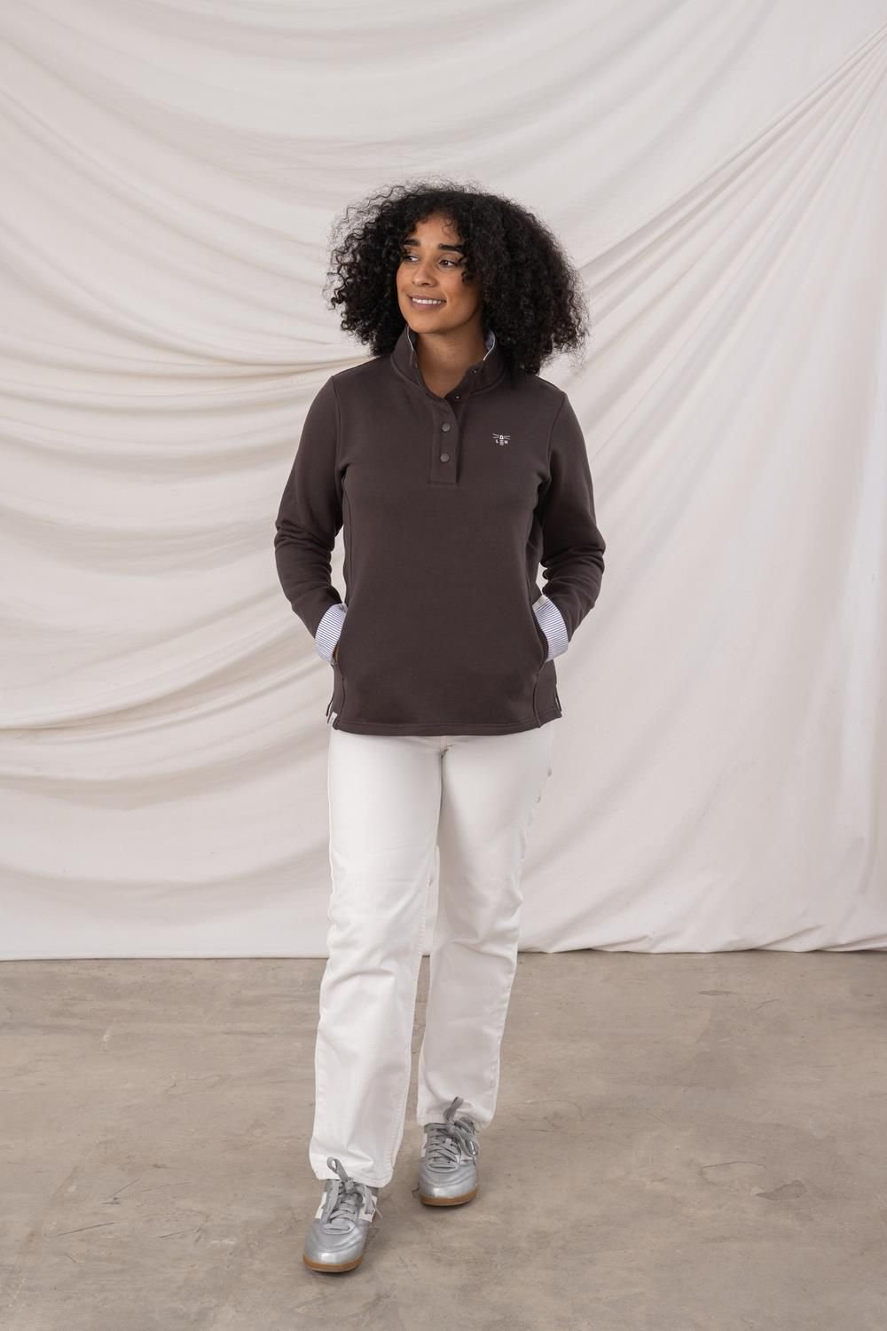 Lighthouse Clothing Lighthouse Clothing Women's Haven Jersey Popper Detail Cotton Top in Brown - 2