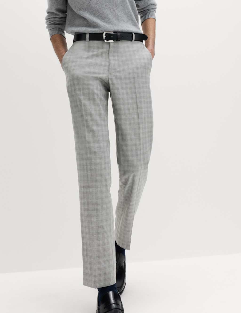 Marks & Spencer M&S Tailored Fit Checked Trousers Silver Grey