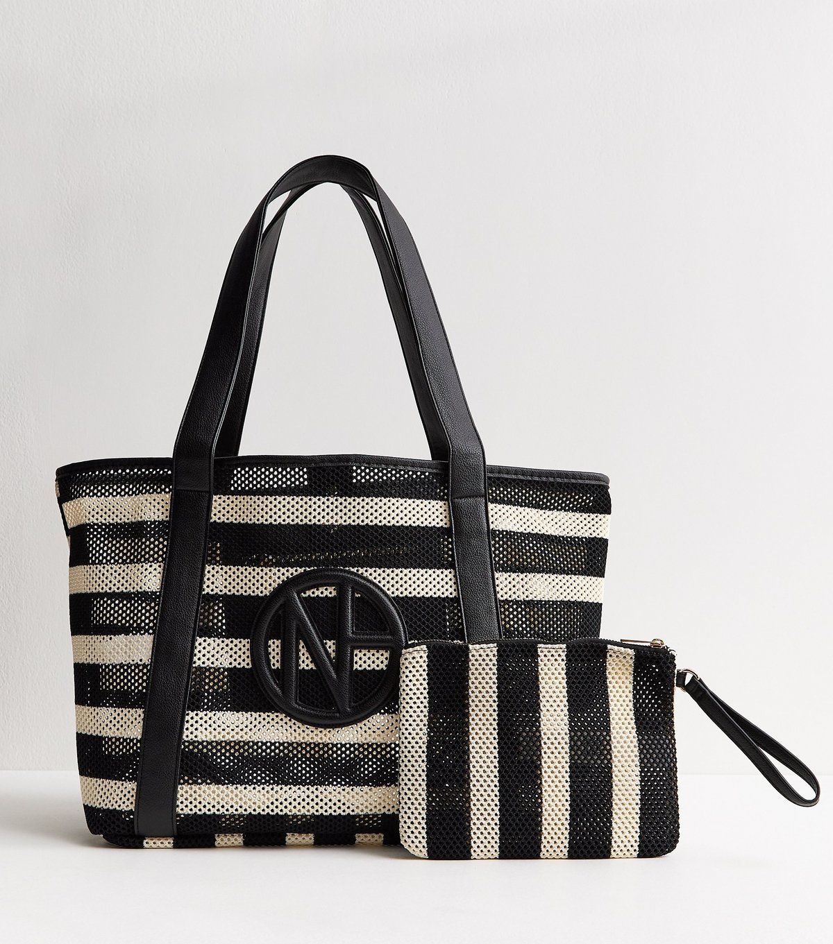 New Look Black Striped Mesh Tote Bag with Pouch New Look - 1
