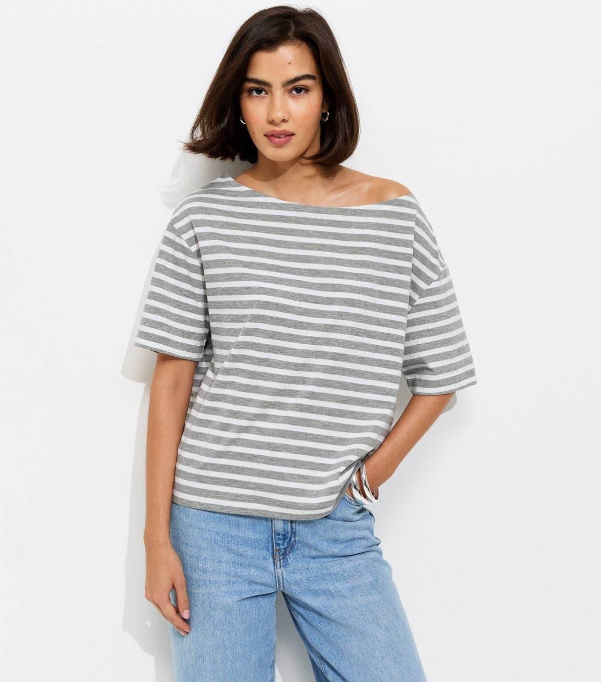New Look Women's Grey Striped Jersey Off The Shoulder Top New Look