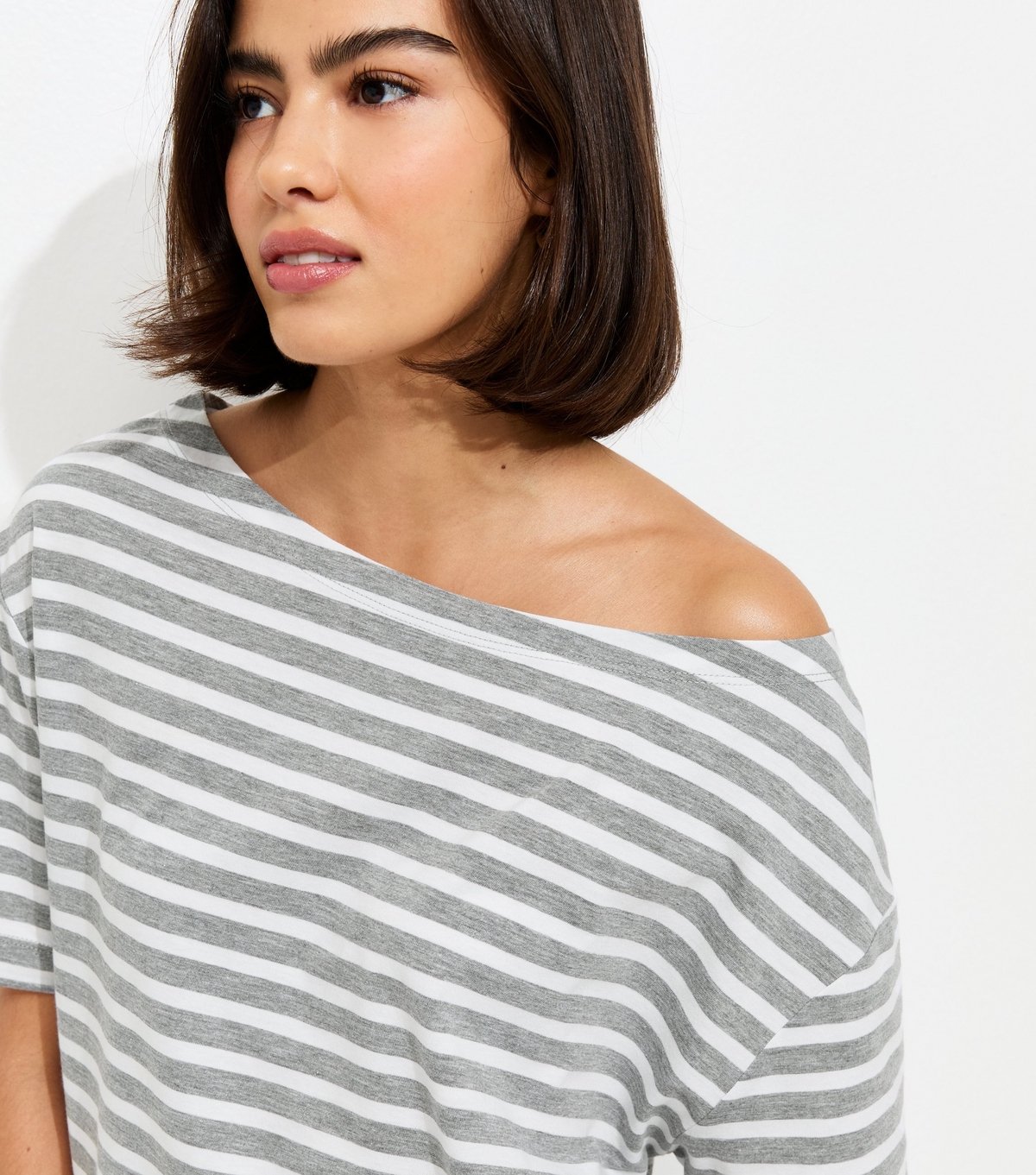 New Look Women's Grey Striped Jersey Off The Shoulder Top New Look - 2