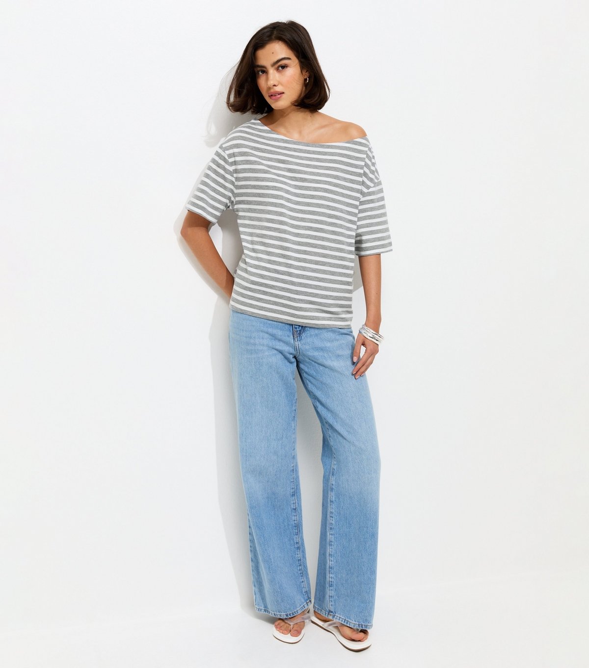 New Look Women's Grey Striped Jersey Off The Shoulder Top New Look - 3