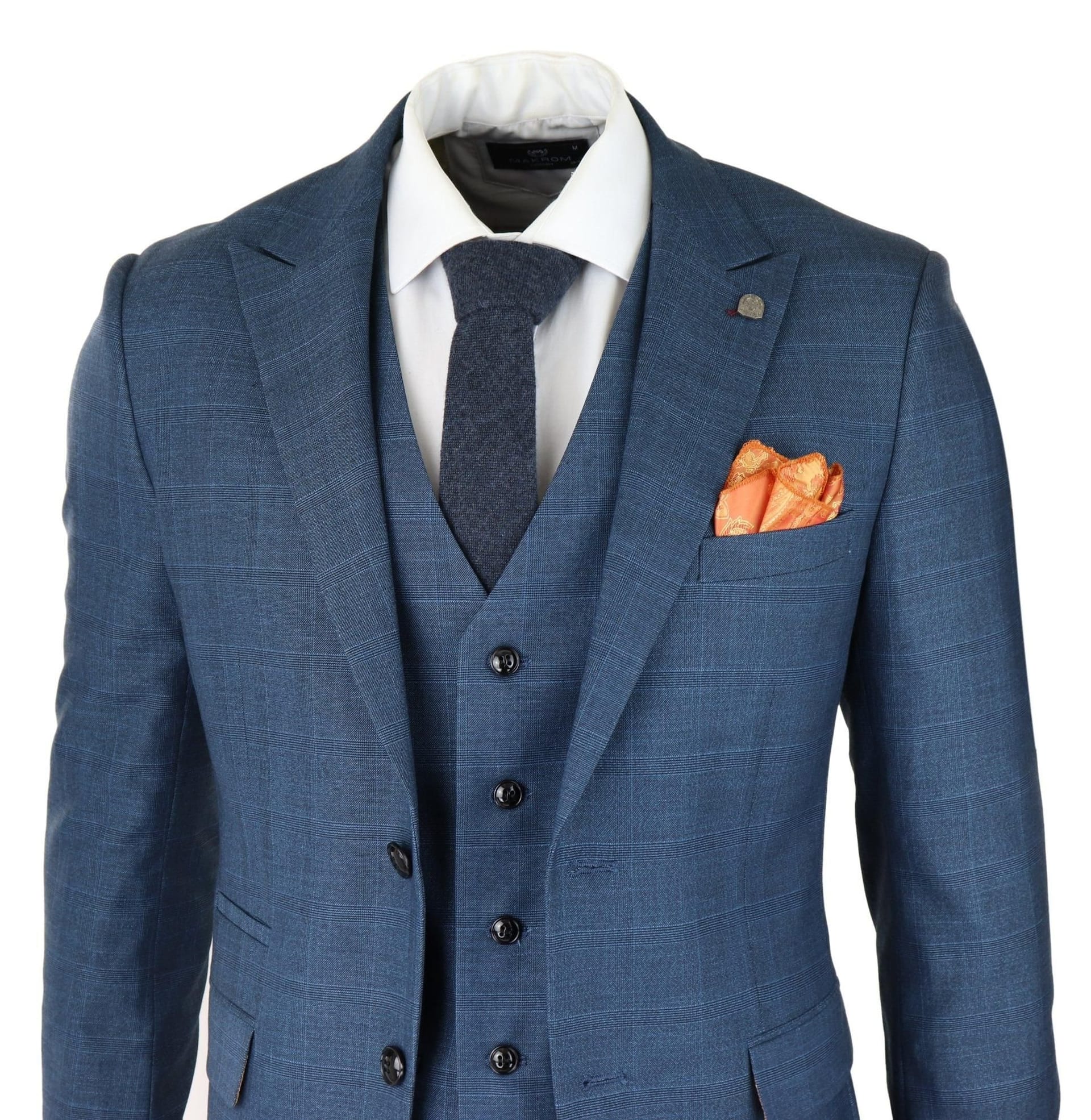 Paul Andrew Paul Andrew Men's Viceroy 3 Piece Check Blue Suit - 4