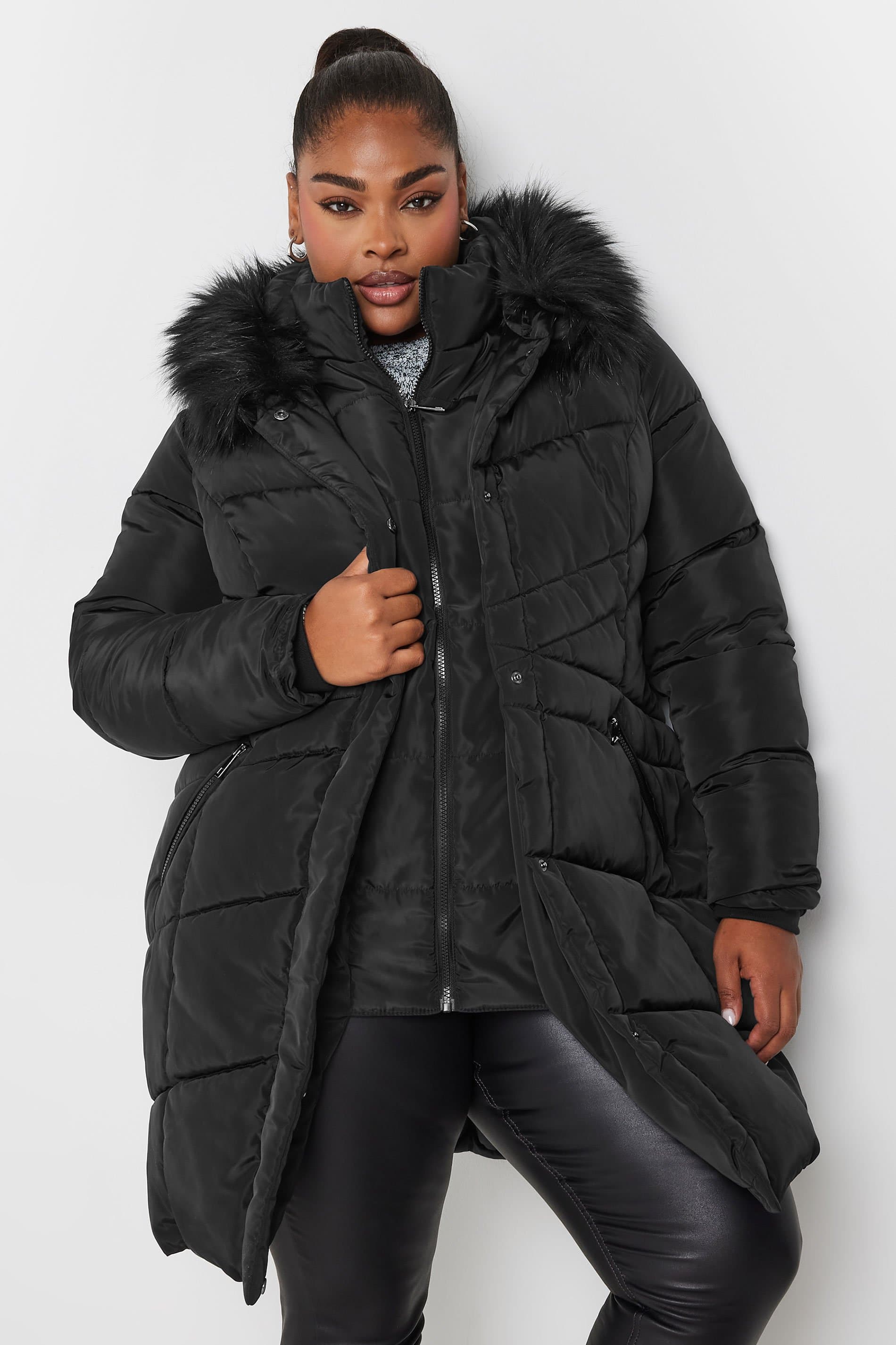 Yours Plus Size Black Faux Fur Trim Puffer Coat