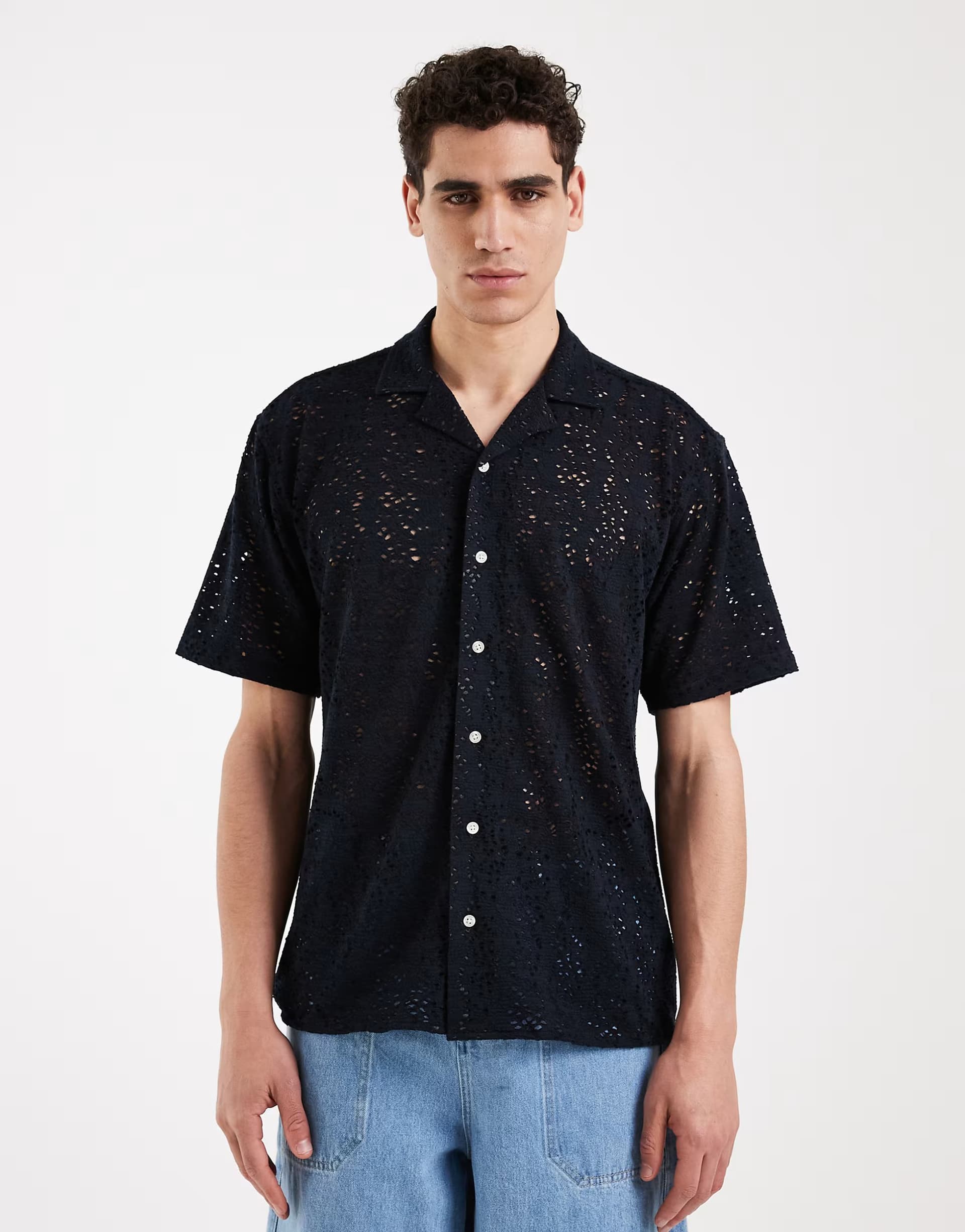 ASOS Redefined Rebel Ravi boxy fit short sleeve shirt in navy