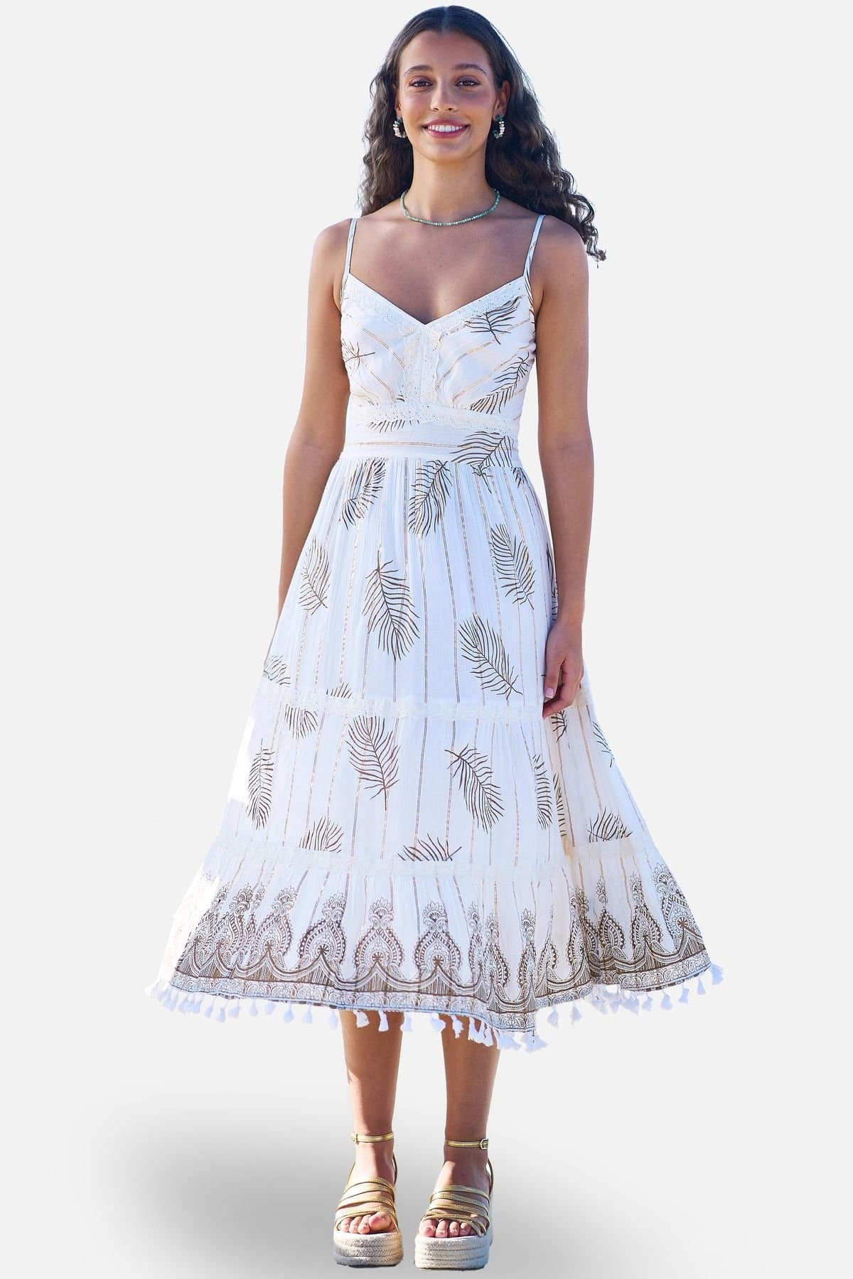 Yumi Yumi Women's Ivory Foil Print Midi Sun Dress With Lace Trims in Warm White