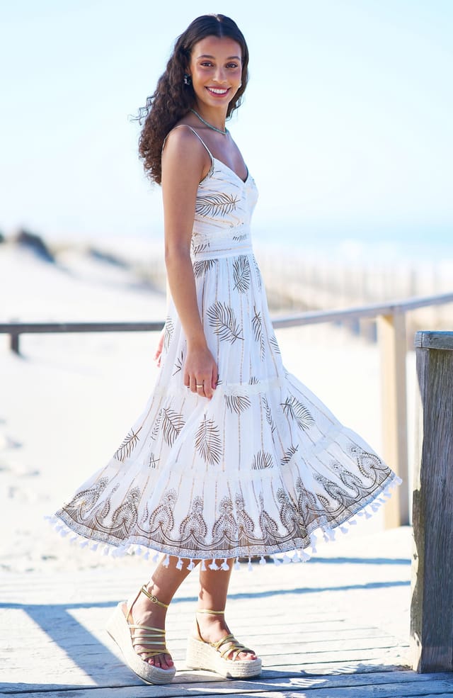 Yumi Yumi Women's Ivory Foil Print Midi Sun Dress With Lace Trims in Warm White - 2