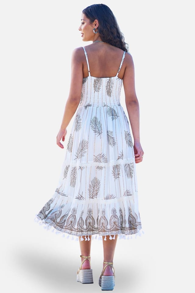 Yumi Yumi Women's Ivory Foil Print Midi Sun Dress With Lace Trims in Warm White - 3