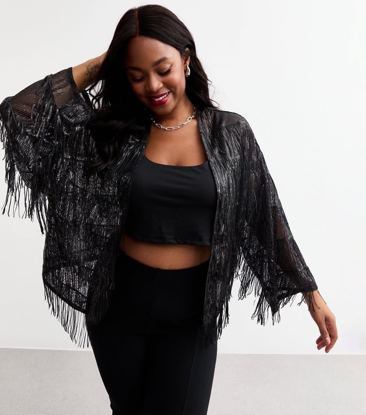 New Look Women's Plus Size Black Sequinned Fringe Open Front Cardigan Curves New Look