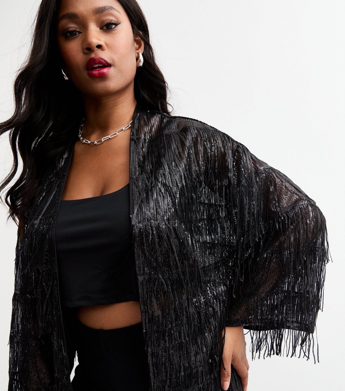 New Look Women's Plus Size Black Sequinned Fringe Open Front Cardigan Curves New Look - 2