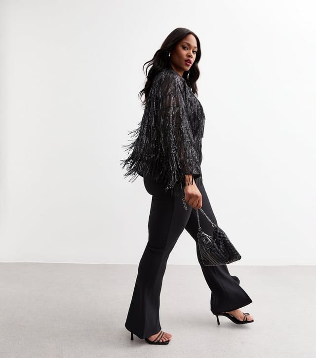 New Look Women's Plus Size Black Sequinned Fringe Open Front Cardigan Curves New Look - 3