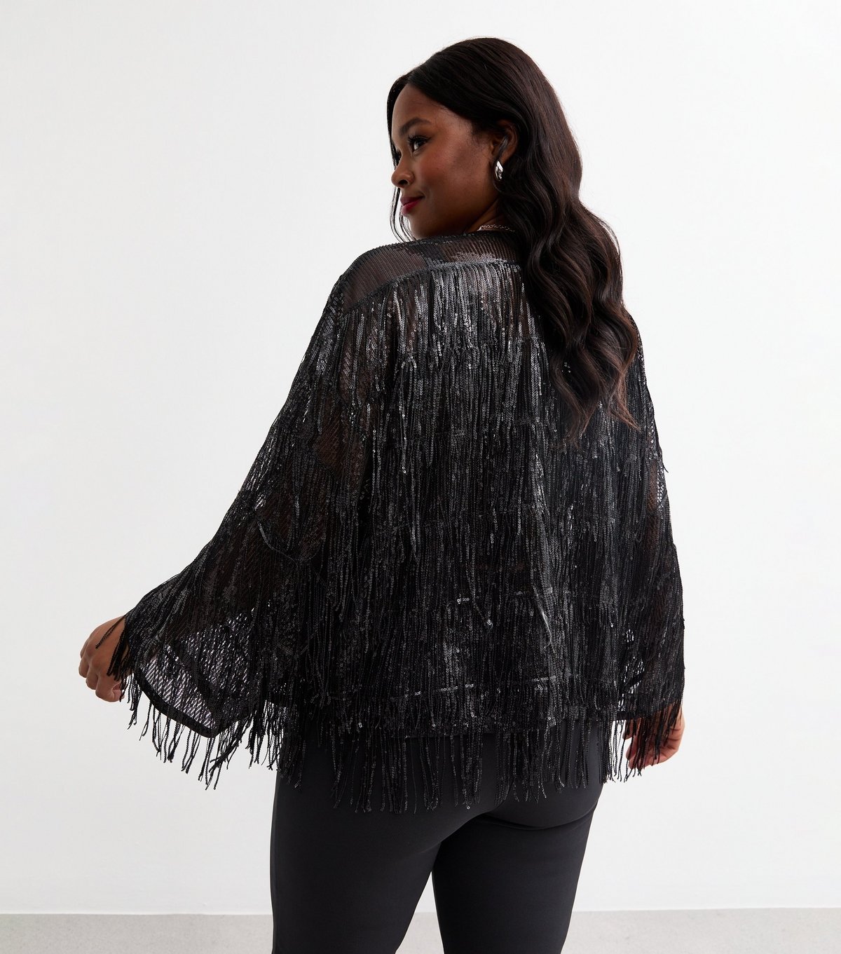 New Look Women's Plus Size Black Sequinned Fringe Open Front Cardigan Curves New Look - 4