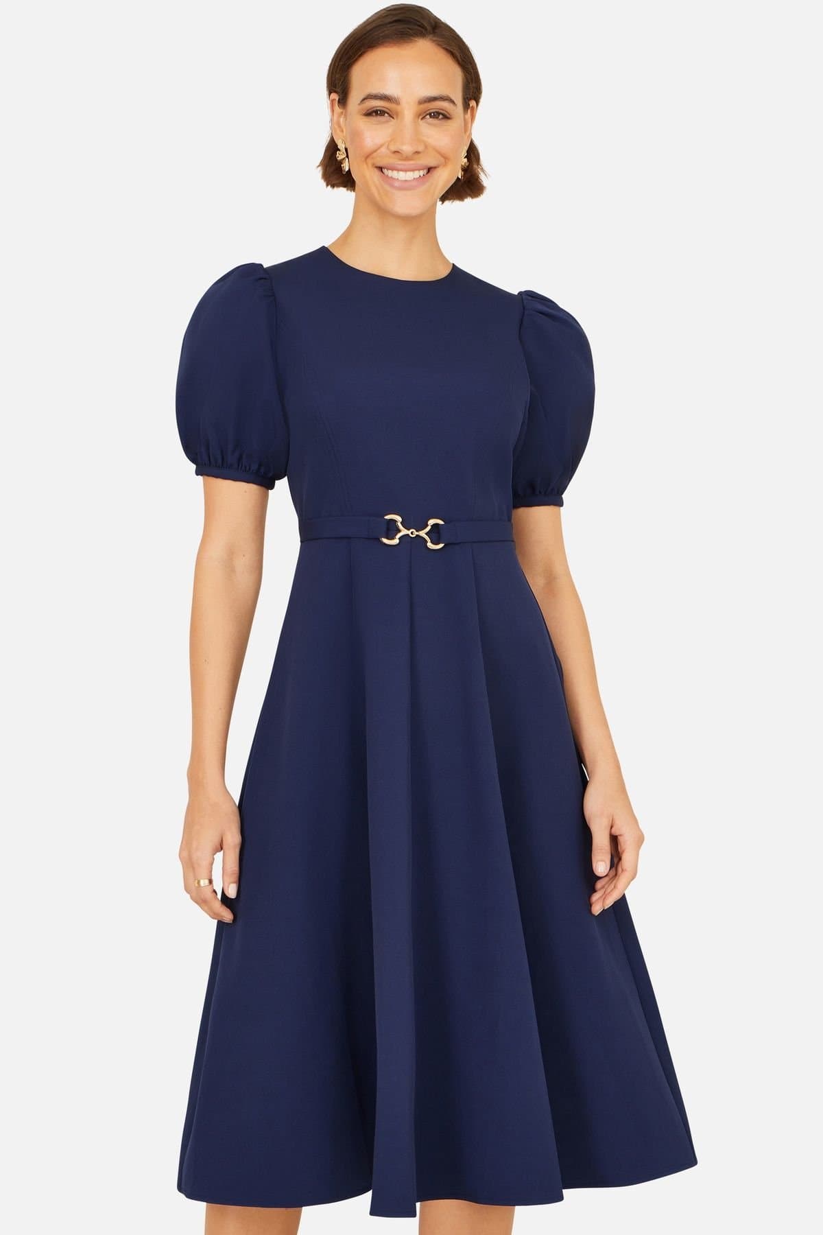 Yumi Yumi Women's Skater Dress With Puff Sleeves & Buckle Detail in Navy