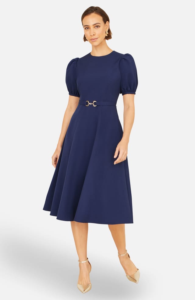 Yumi Yumi Women's Skater Dress With Puff Sleeves & Buckle Detail in Navy - 2