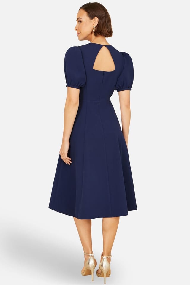 Yumi Yumi Women's Skater Dress With Puff Sleeves & Buckle Detail in Navy - 3