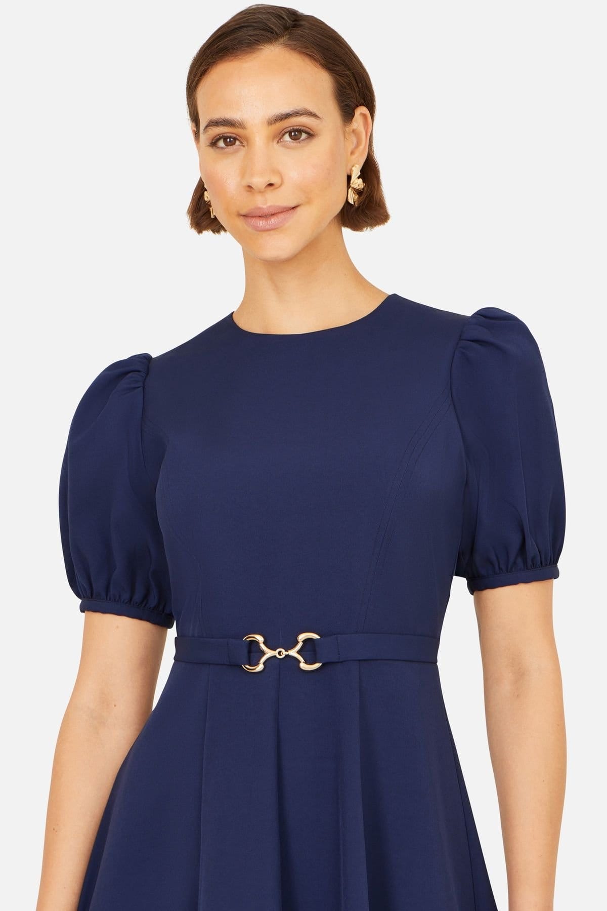 Yumi Yumi Women's Skater Dress With Puff Sleeves & Buckle Detail in Navy - 4