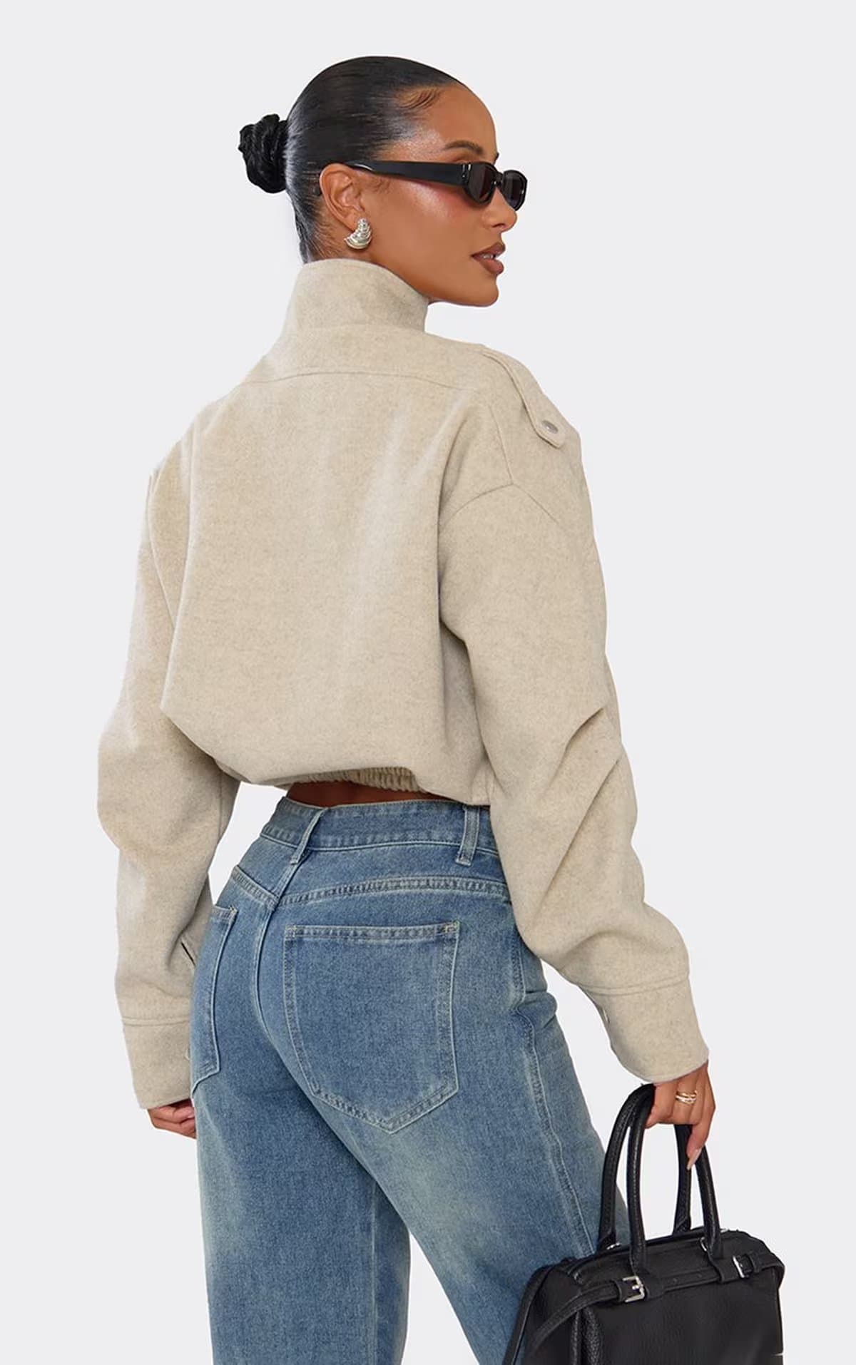 EGO High Neck Belt Detail Aviator Jacket In Stone Wool, Women's Size UK 6