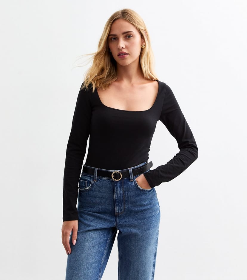 New Look Women's Black Cotton Blend Square Neck Bodysuit New Look - 1