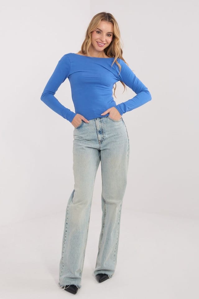 Love Lace Love Lace Women's Fitted Long Sleeve Cotton Blouse with Boat Neck in Blue - 2