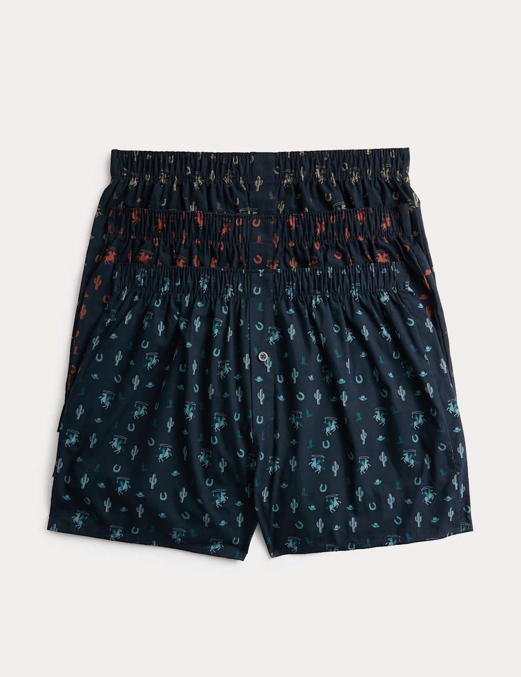 Marks & Spencer M&S 3 Pack Pure Cotton Rodeo Woven Boxers Navy Mix