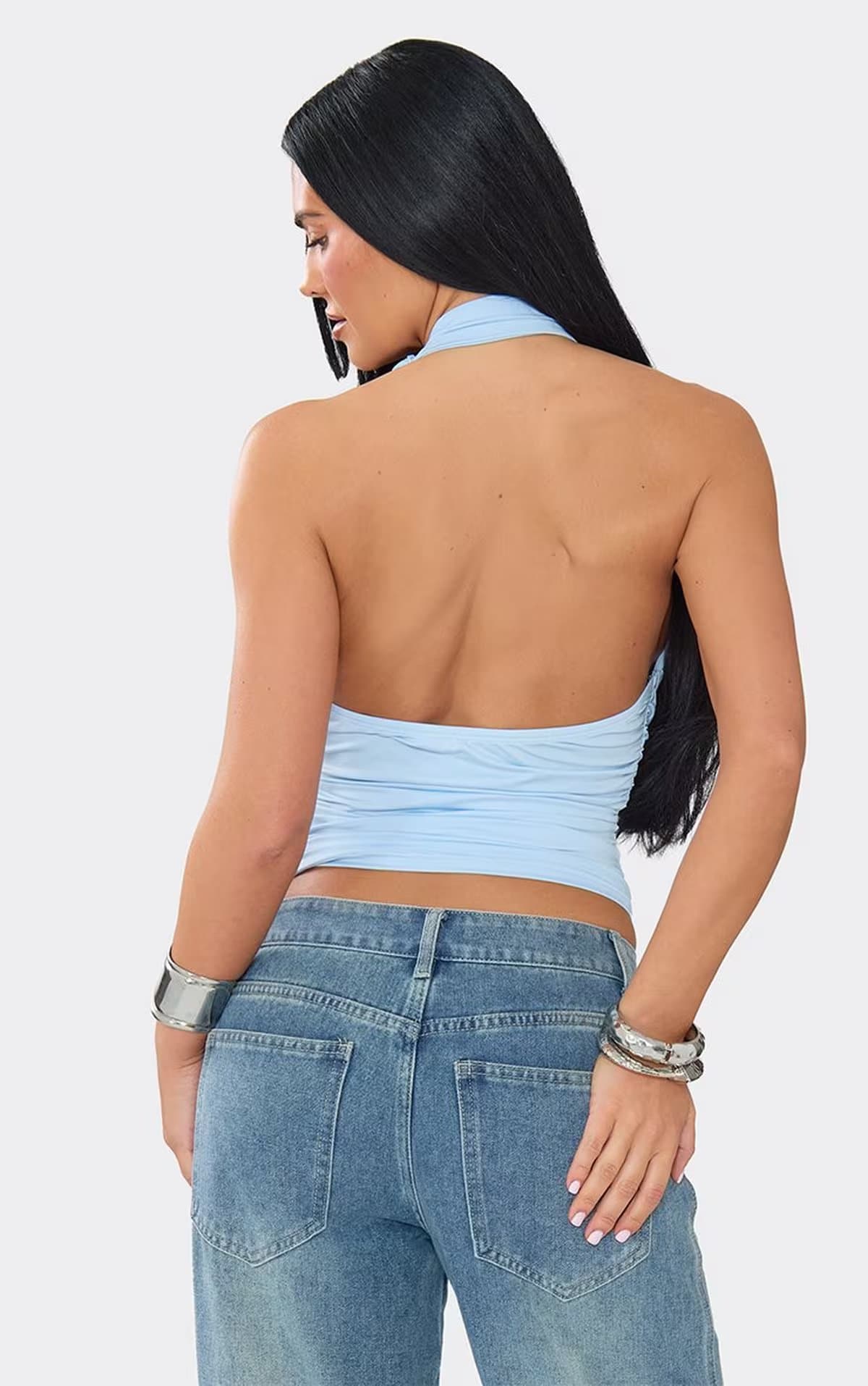 EGO High Neck Ruched Top In Blue Slinky., Women's Size UK 6
