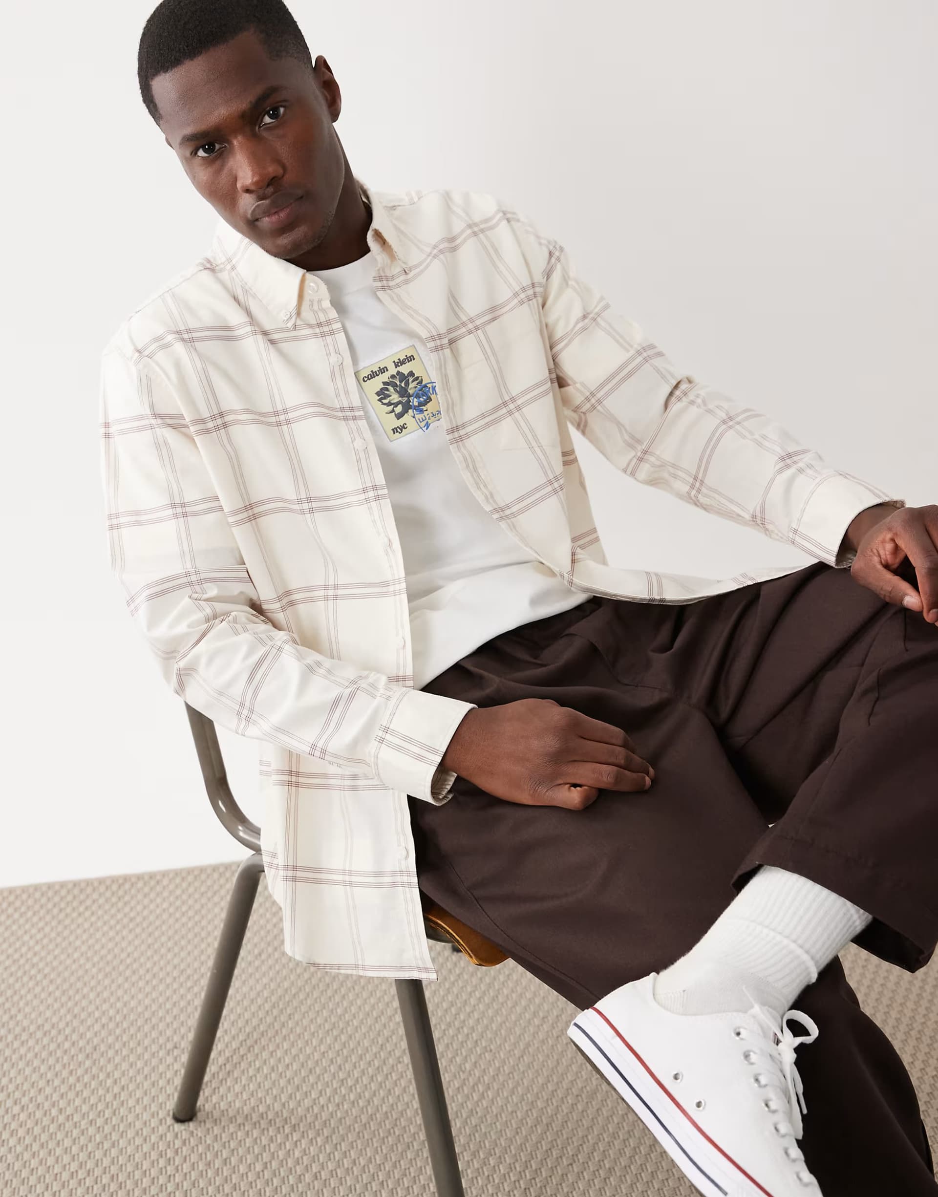 ASOS Calvin Klein Jeans check oxford shirt in off-white