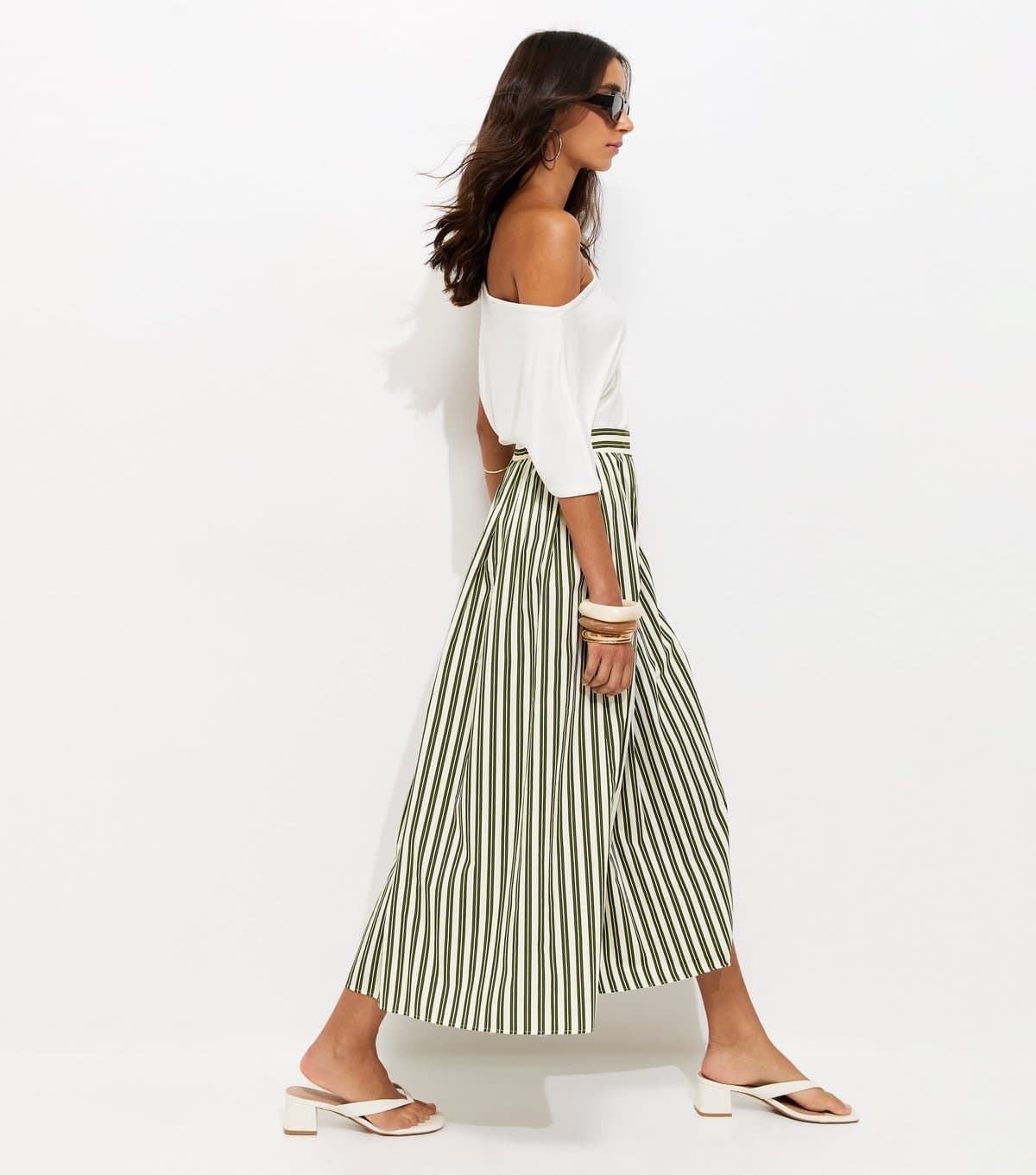 New Look Women's Green Cotton Poplin Striped Midi Skirt New Look