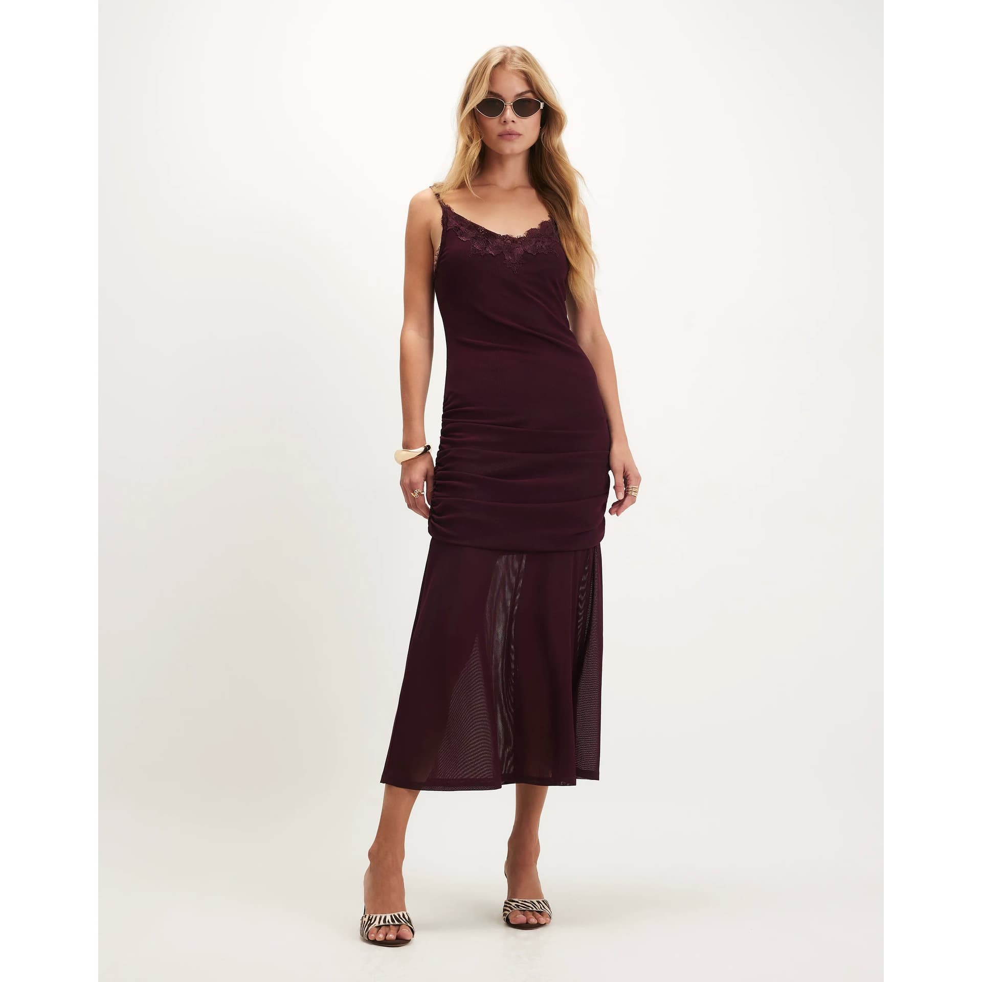 River Island River Island Womens Burgundy Lace Trim Drape Midi Dress