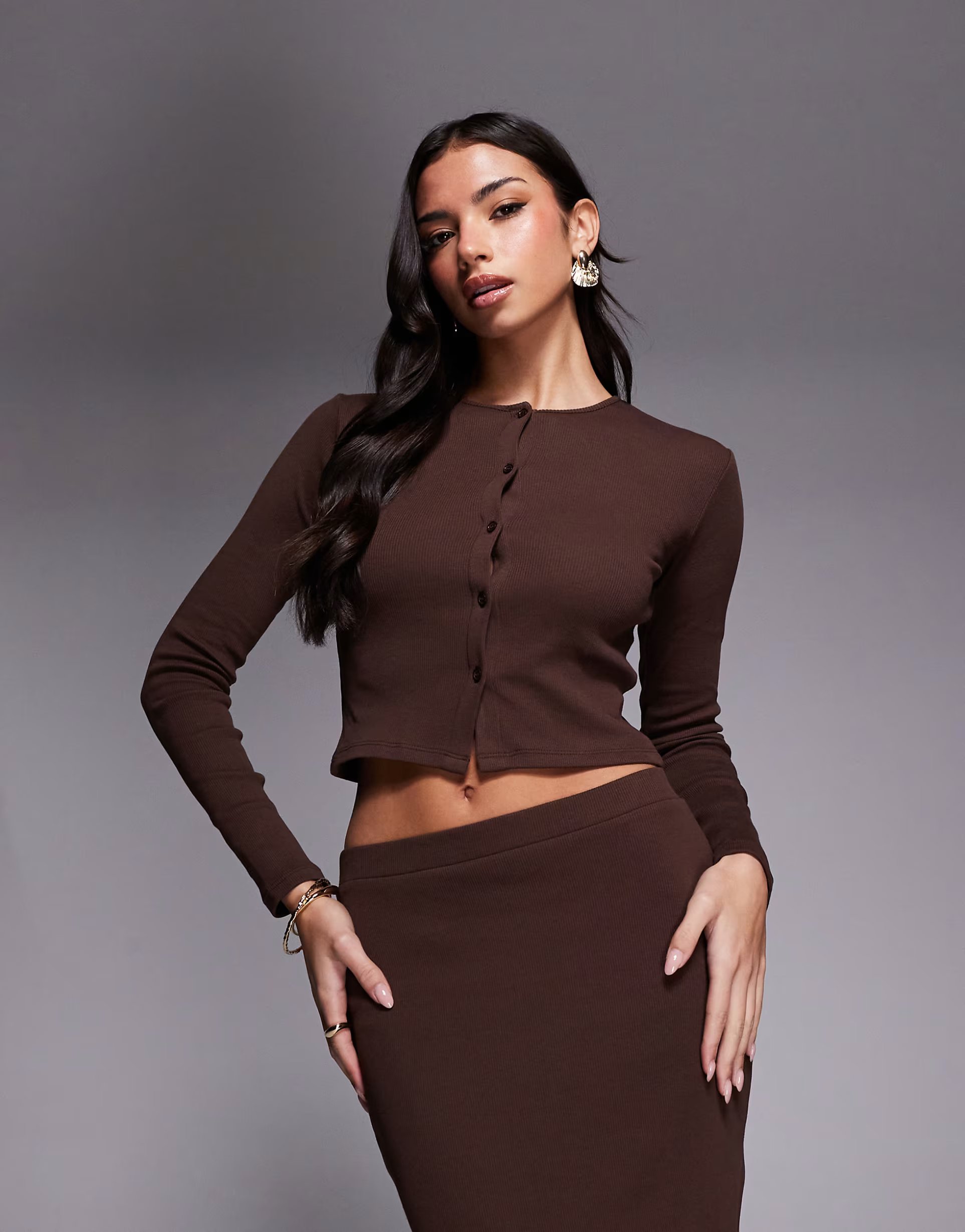 ASOS The Frolic exclusive ribbed button through long sleeve top co-ord in chocolate - 1