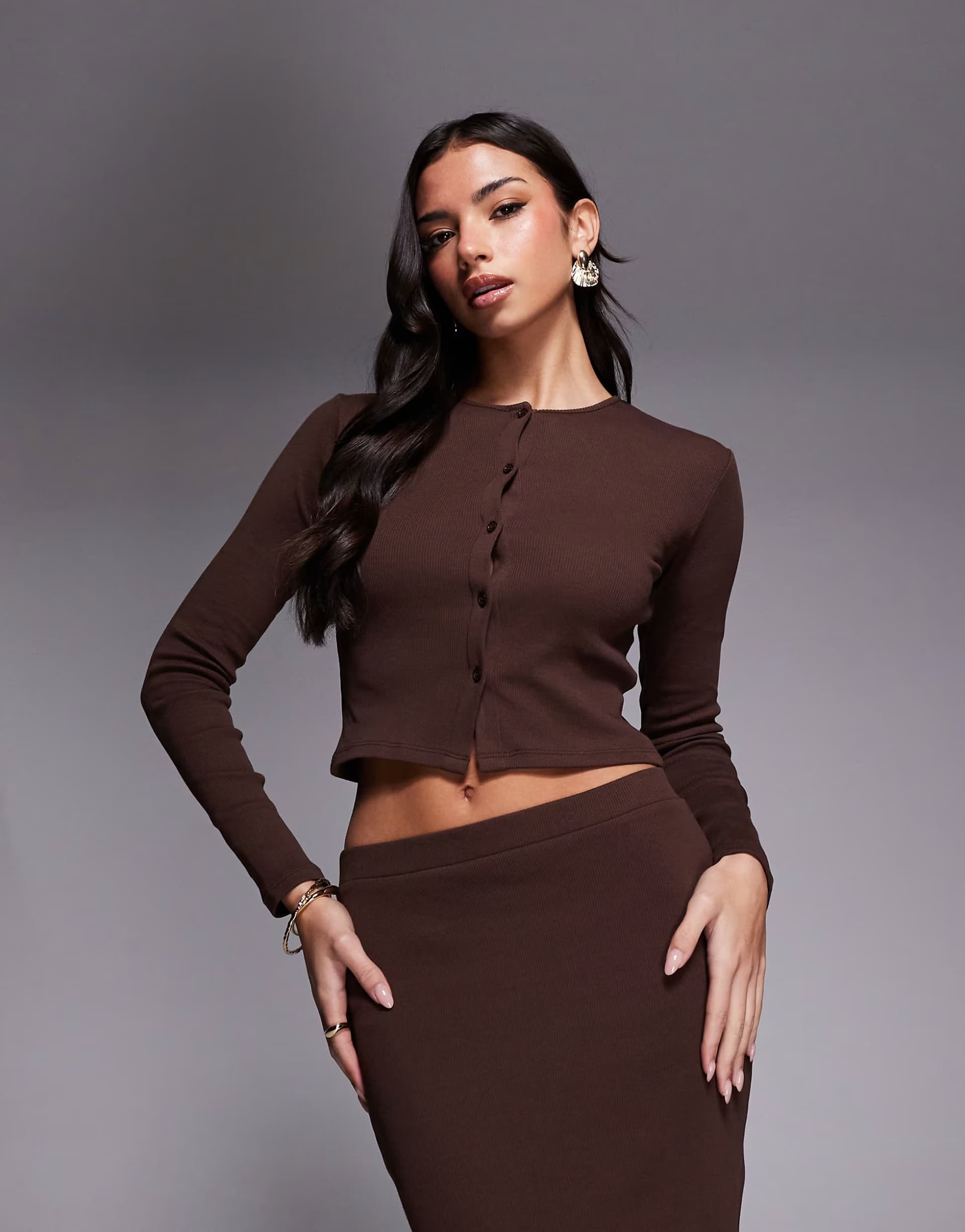 ASOS The Frolic exclusive ribbed button through long sleeve top co-ord in chocolate