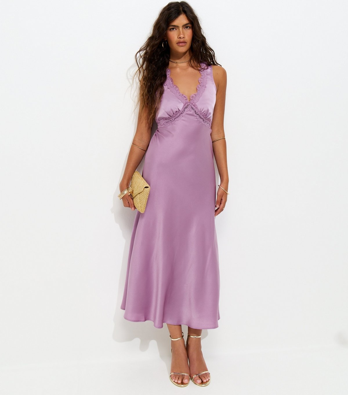 New Look Women's Lilac Satin Lace Trimmed V-Neck Midi Dress New Look - 3