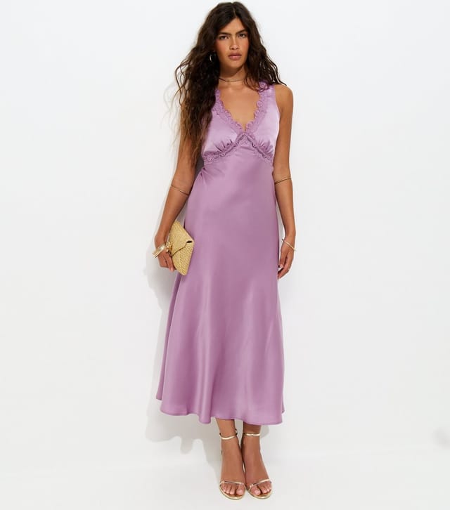 New Look Women's Lilac Satin Lace Trimmed V-Neck Midi Dress New Look - 3