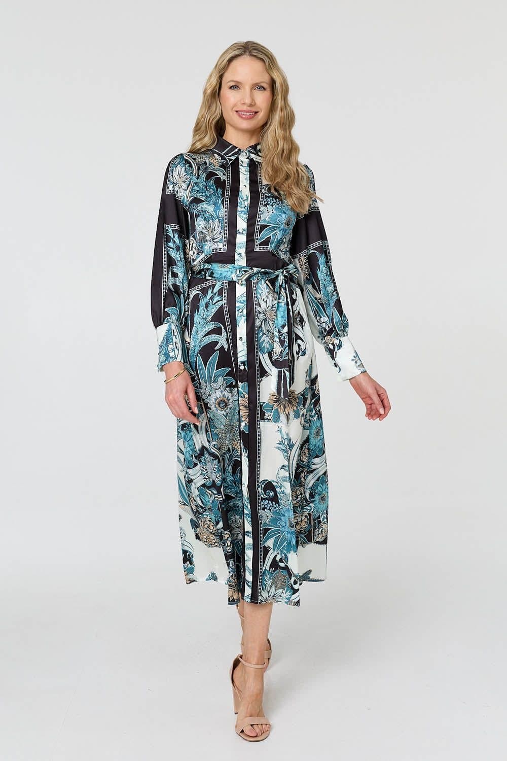 Izabel London Izabel London Women's Printed Long Sleeve Tie Shirt Maxi Dress in Black