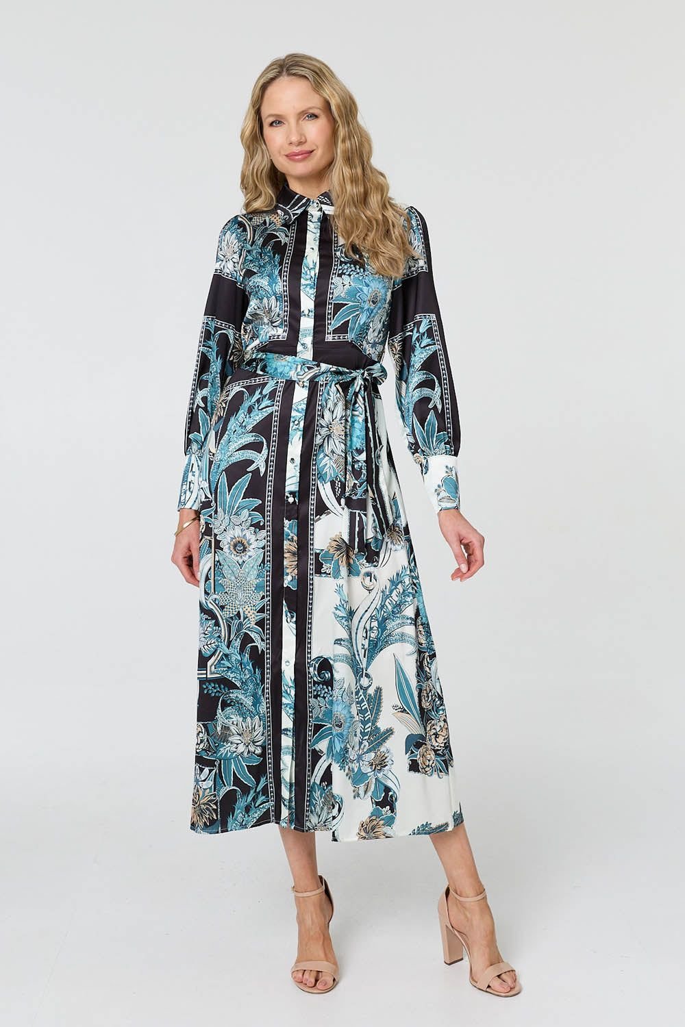 Izabel London Izabel London Women's Printed Long Sleeve Tie Shirt Maxi Dress in Black - 2