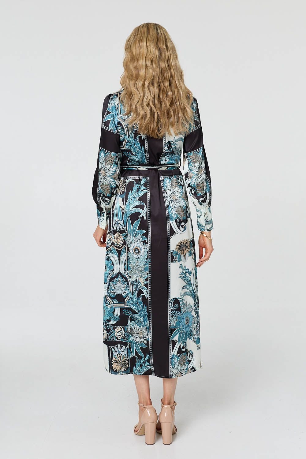 Izabel London Izabel London Women's Printed Long Sleeve Tie Shirt Maxi Dress in Black - 3