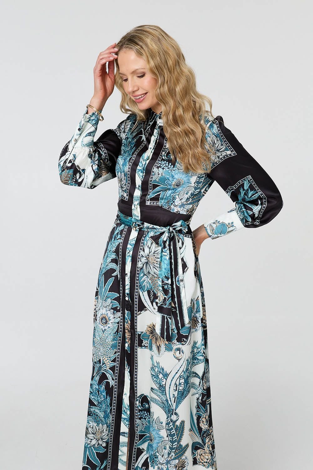 Izabel London Izabel London Women's Printed Long Sleeve Tie Shirt Maxi Dress in Black - 4