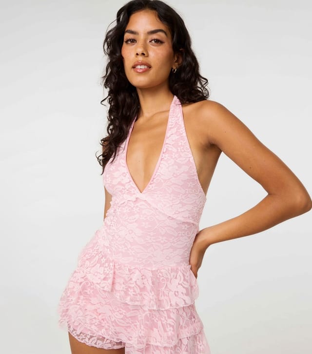 Pink Vanilla Women's Light Pink Lace Halter Neck Ruffle Playsuit Pink Vanilla New Look - 3