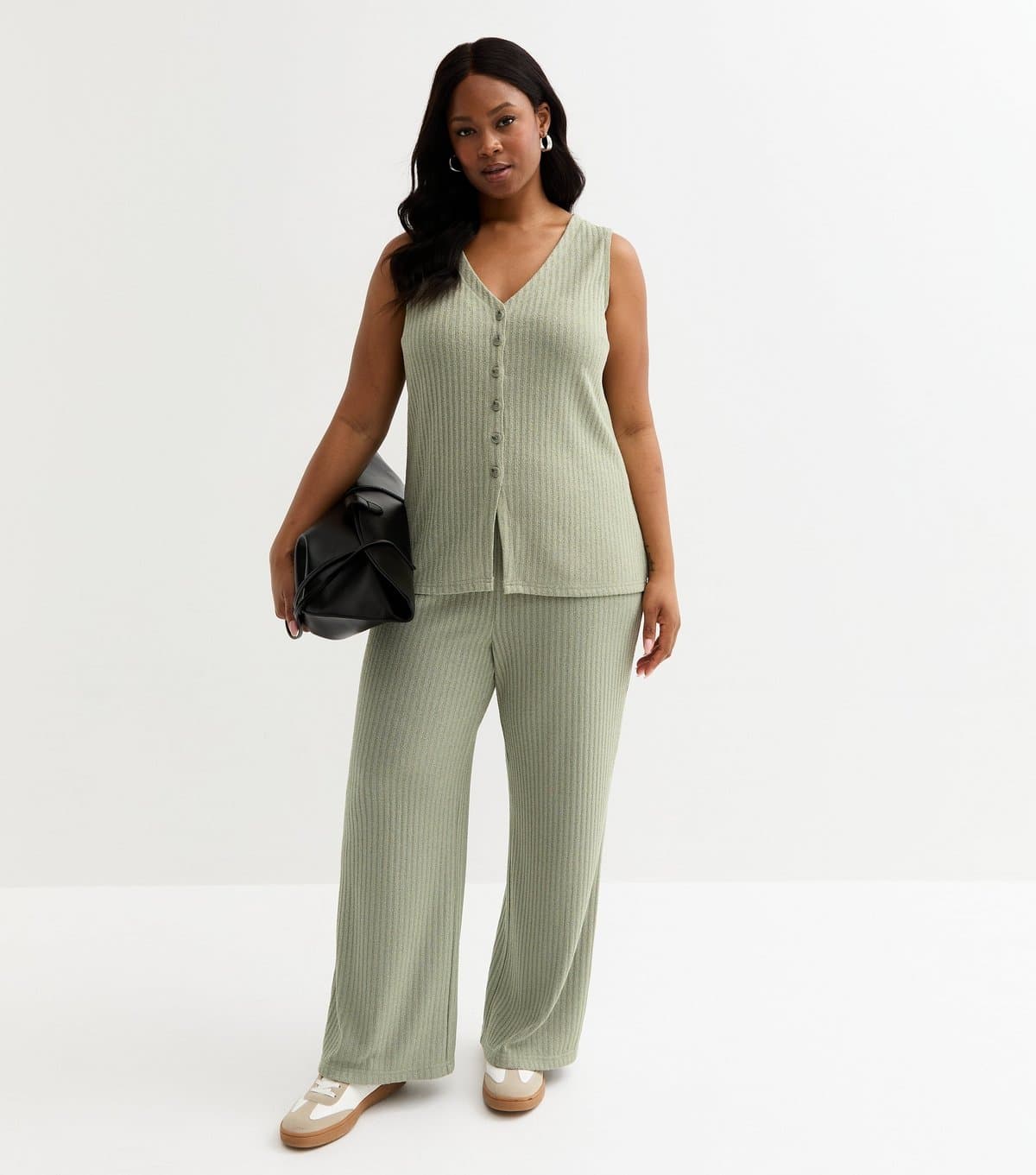 New Look Women's Plus Size Light Khaki Ribbed Wide Leg Trousers Curves New Look