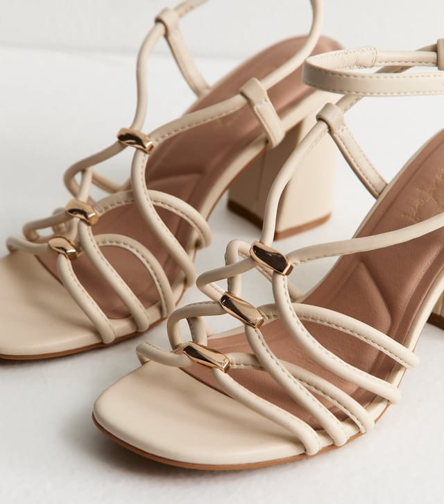 New Look Women's Off White Faux Leather Strappy Hardware Block Heel Sandals Vegan New Look - 3