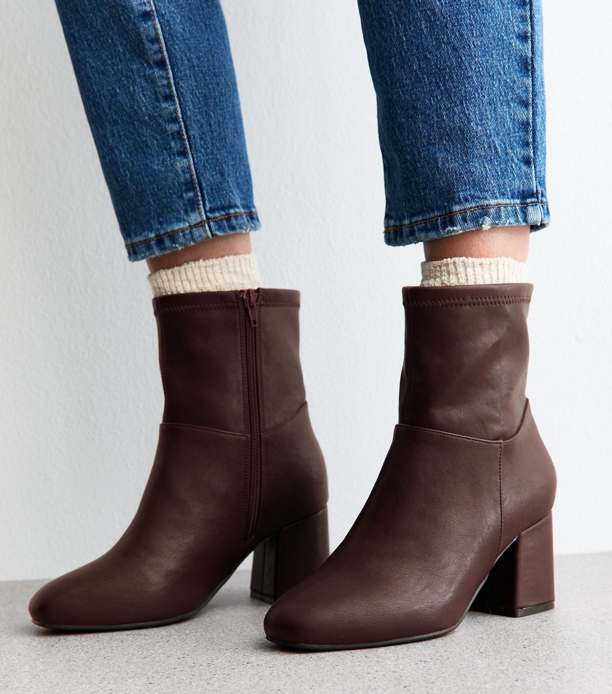 New Look Women's Extra Wide Fit Dark Burgundy Faux Leather Sock Ankle Vegan New Look - 2