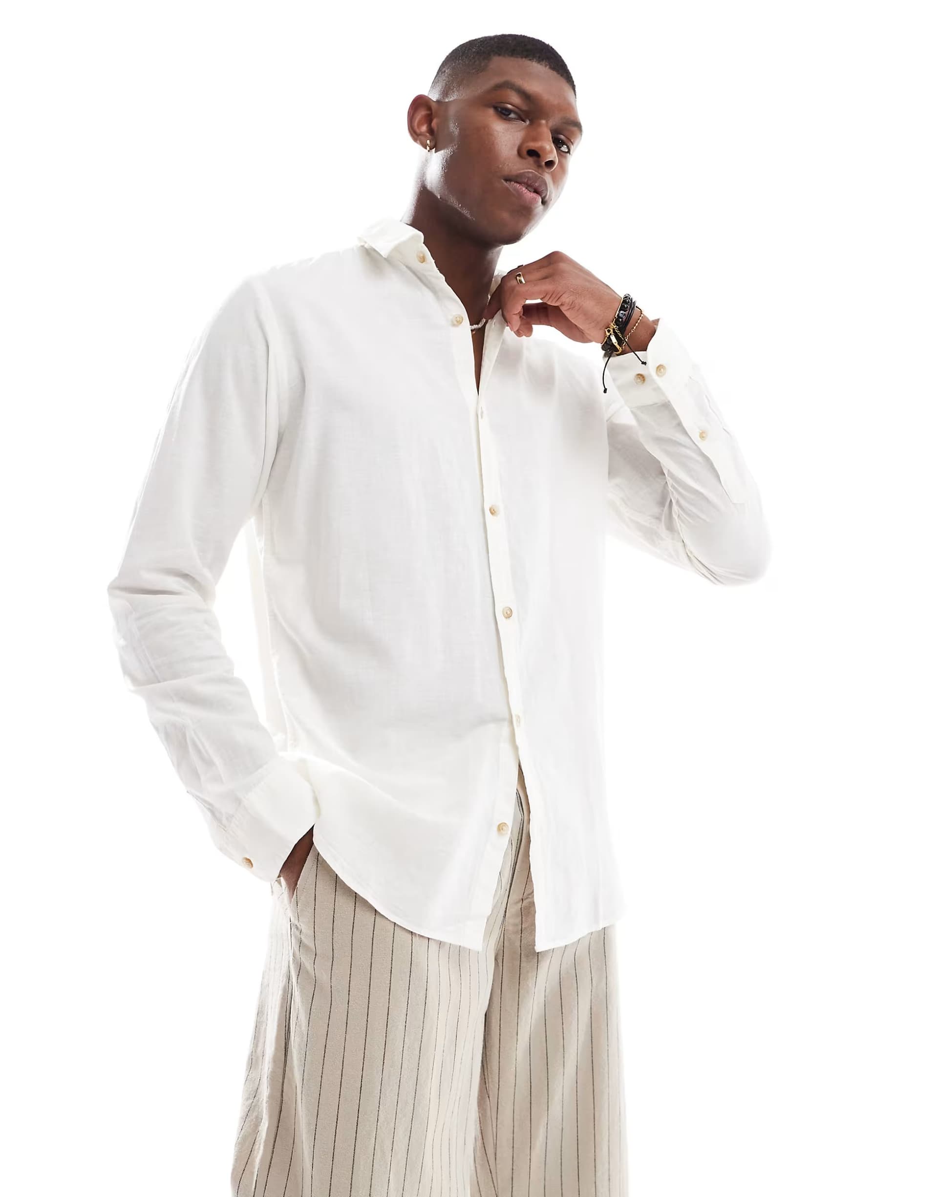 ASOS ASOS JJ Rebel White Linen Blend Long Sleeve Shirt