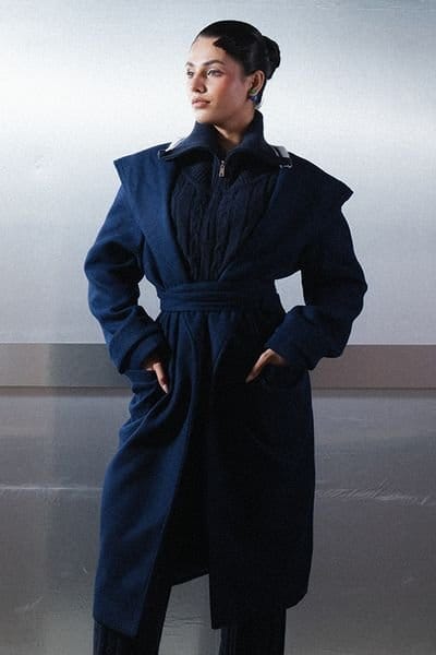Zafosh Navy Wool Blend Overcoat with Hood and Belt