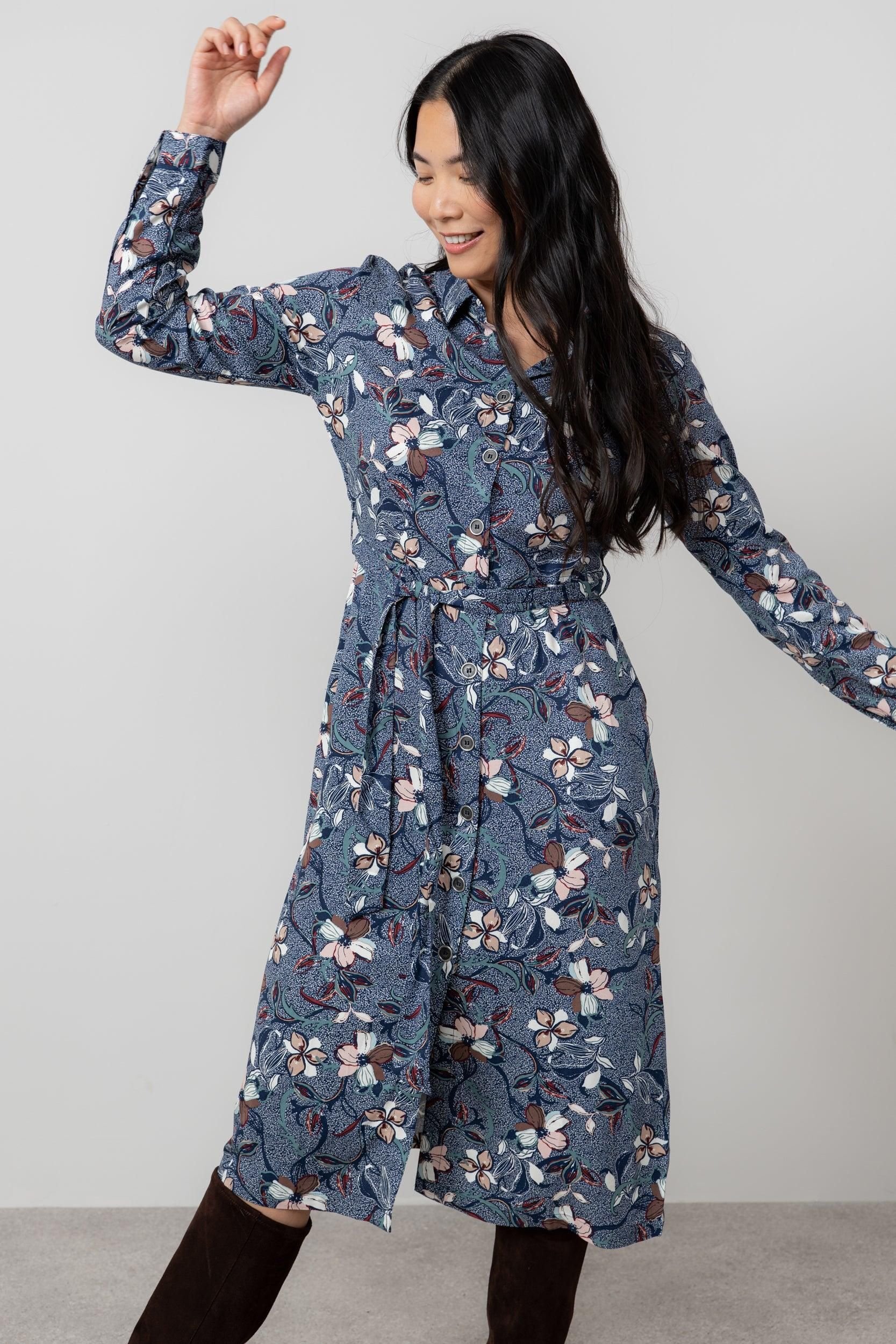 Lily & Me Lily & Me Women's Anya Printed Midi Shirt Dress with Full length cuffed sleeves in Navy - 2