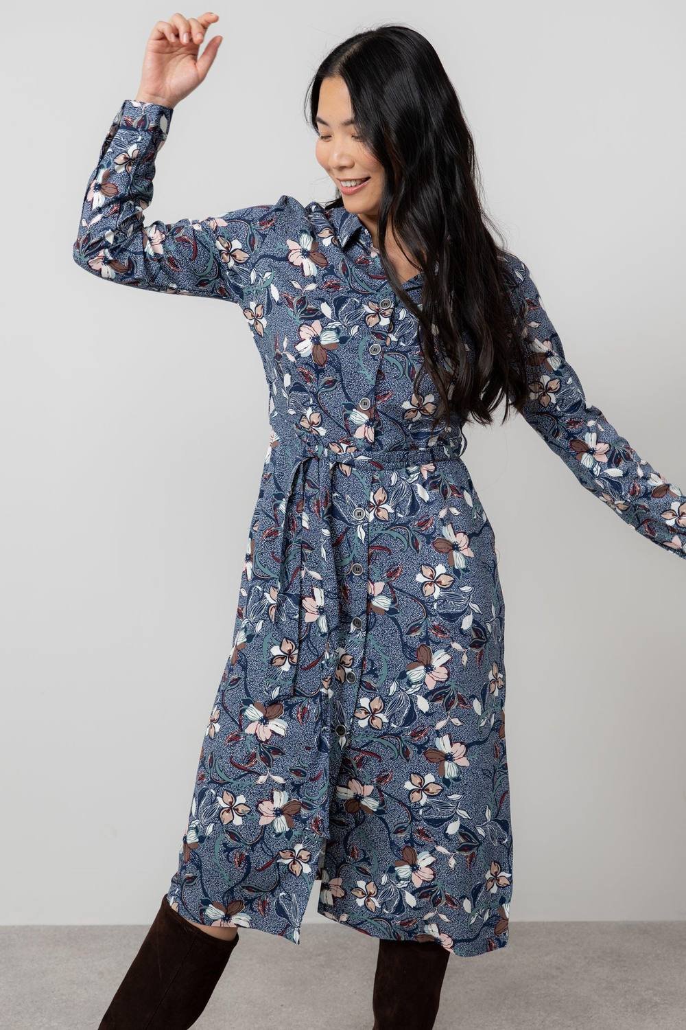 Lily & Me Lily & Me Women's Anya Printed Midi Shirt Dress with Full length cuffed sleeves in Navy - 3