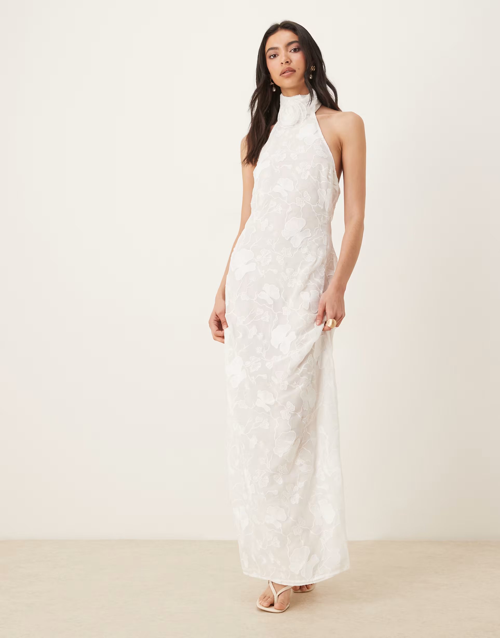 ASOS JW PEI halterneck corsage detail low back embroidered floral maxi dress in white - 1
