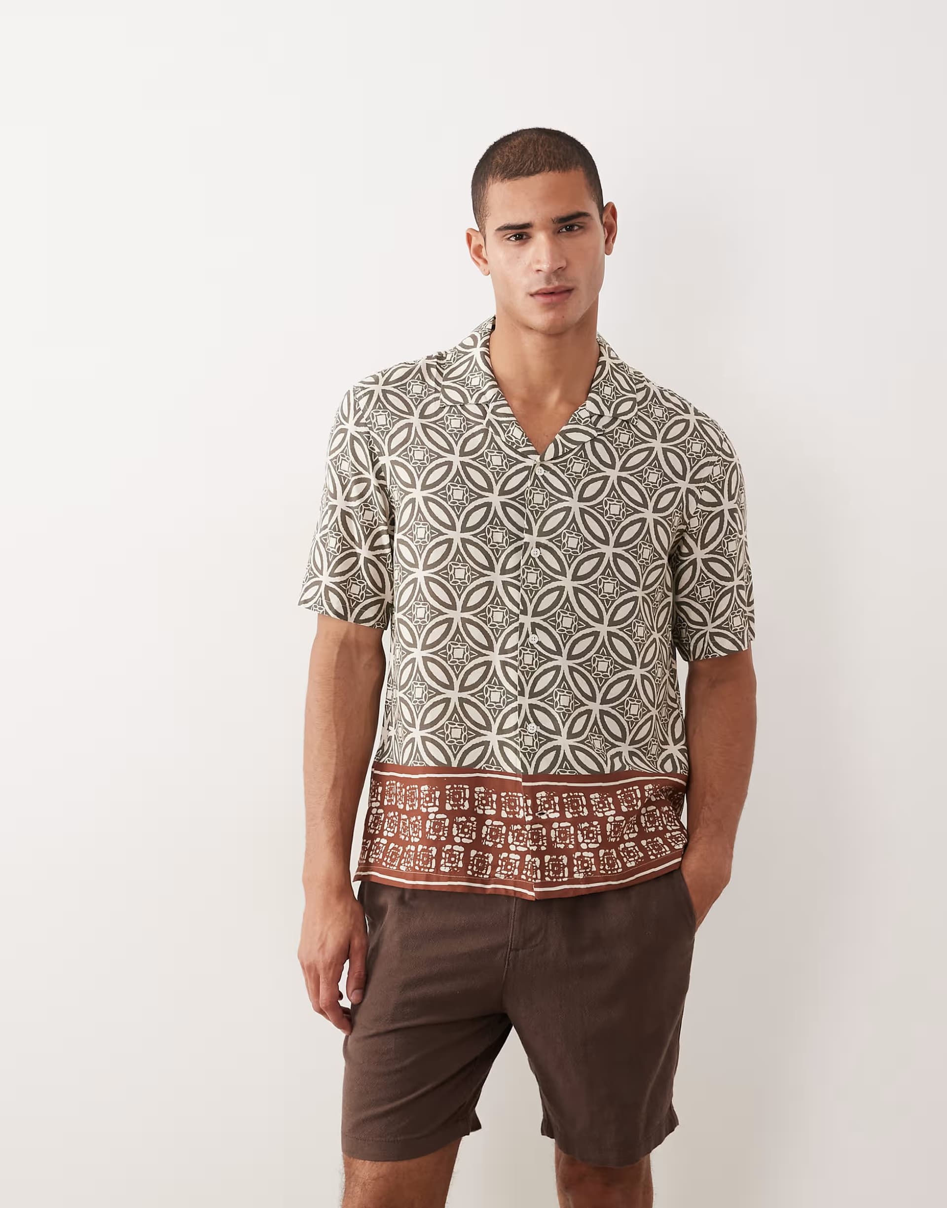ASOS Mnago linen blend retro geometric print shirt in khaki