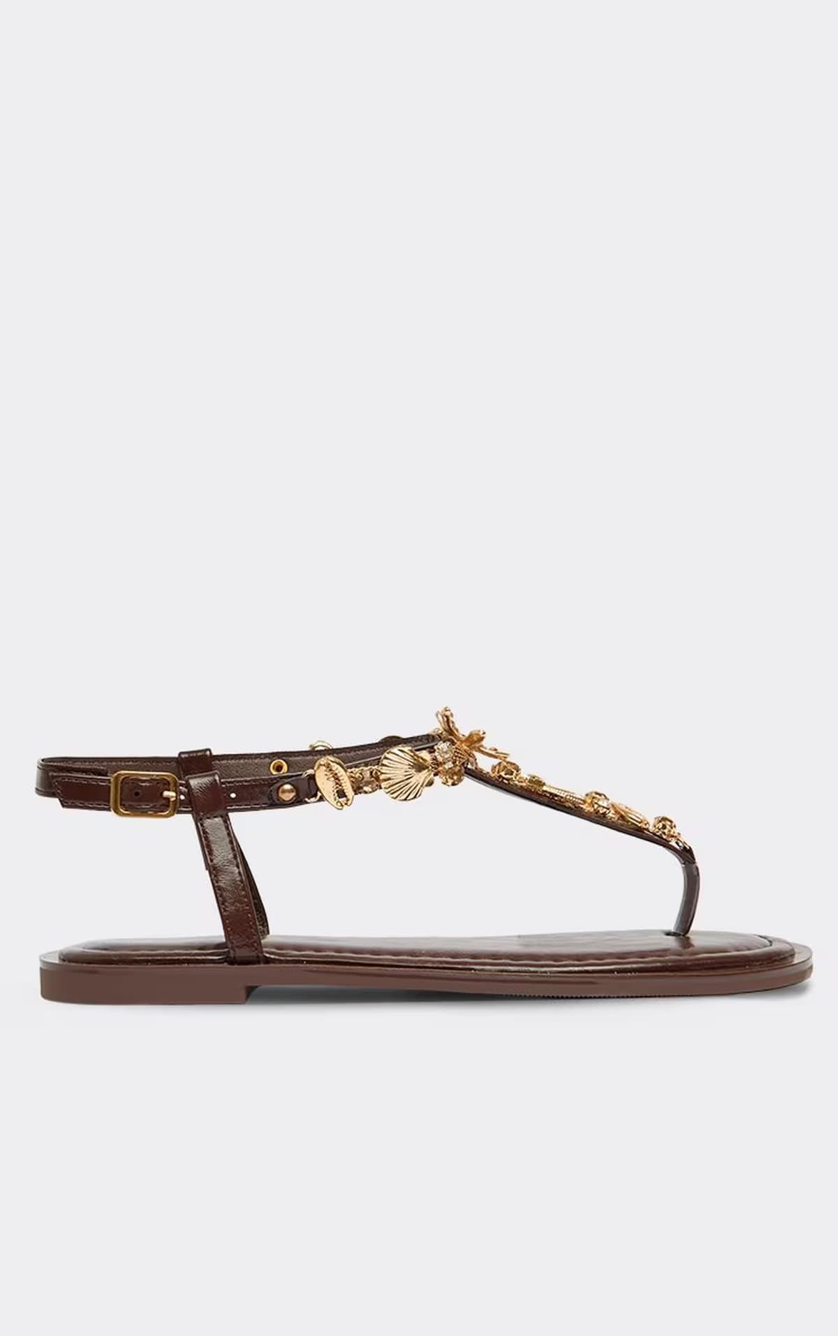 EGO Lowanna Diamante Gem Detail Thong Strap Flat Sandal In Brown Faux Leather, Women's Size UK 3